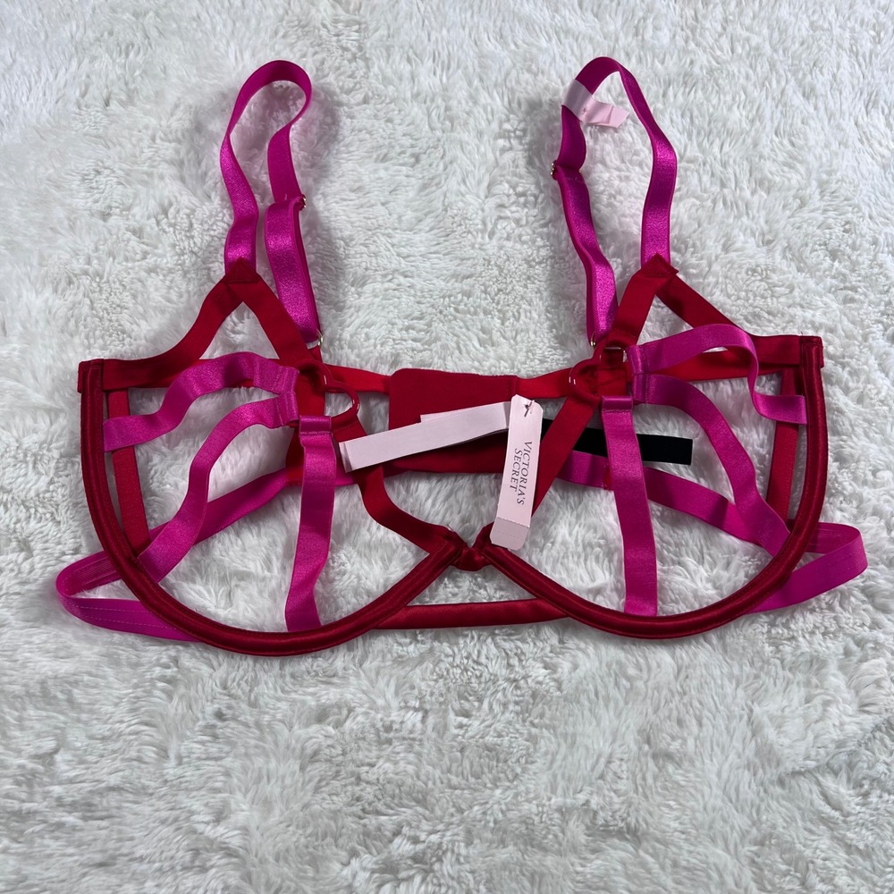 Victoria's Secret Very Sexy Strappy Cage Shelf Bra Pink Red Satin Size  M-DD NEW